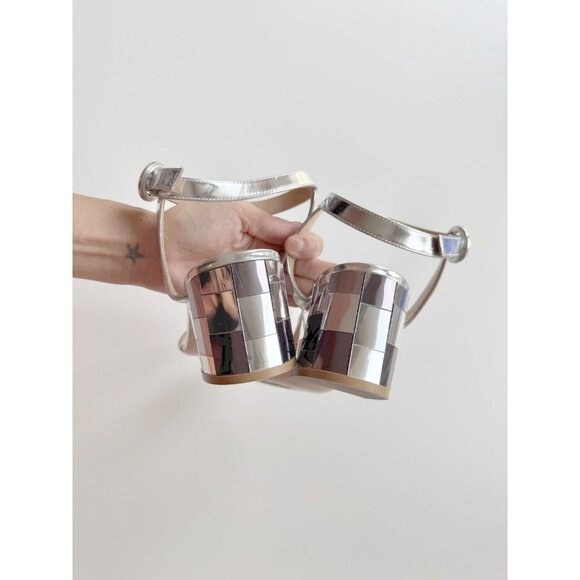 GIANVITO ROSSI Silver Leather Mirrored Block Heel Wraparound Sandals, Size 40 - Picture 9 of 13